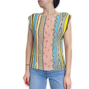 Alberto Makali Sleeveless Rainbow Striped Crinkled Sequin Embellished Blouse L